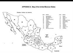 [ai] A map of Mexico outlining the 32 states. Each state is labeled with a number and name for identification. Features include the Gulf of Mexico to the east and the Pacific Ocean to the west, along with neighboring countries Guatemala and Belize.